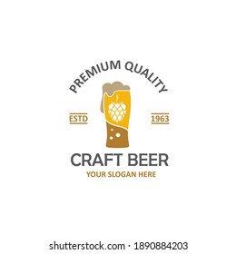 label of beer glass and hops isolated on white background