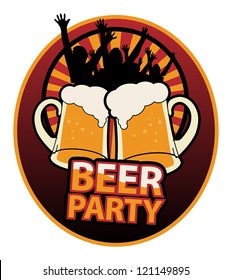 Label with the Beer Mugs and text Beer Party written inside, vector illustration