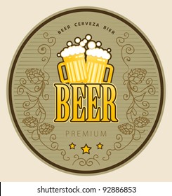 Label with beer mugs and the text Beer written inside, vector illustration
