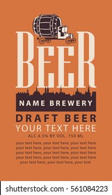 label beer with the old town and truck with a barrel in retro style