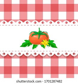 label with big ripe tomato on chequered backdrop in retro country style for package or product design. vector seamless red and white plaid background with tomato. organic food, ketchup or sauce badge