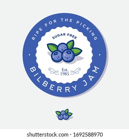 Label for bilberry jam. Round sticker for jar with berries, leaves and letters in a circle. Original berries illustration.