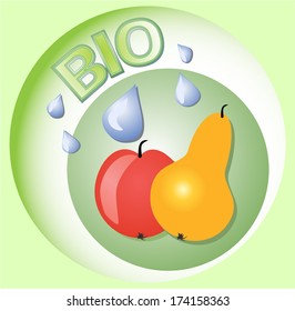 The label for bio natural products with pear, apple and drops of water