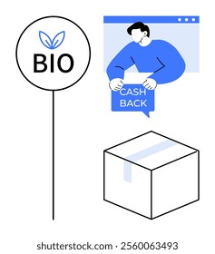 A label with Bio text and leaves, a person holding a Cashback sign, and a parcel box. Ideal for eco-friendly packaging, cashback rewards, sustainability, consumer incentives, online shopping