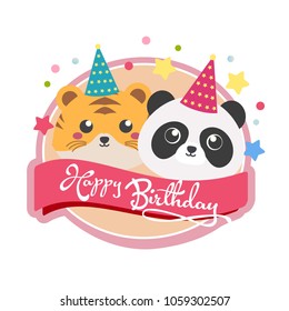 label of birthday with tiger and panda