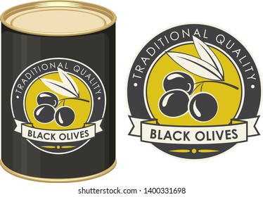 Label for black olives decorated by olive twig with berries and ribbon in retro style on the olive background. Vector illustration of label and tin can with this label.