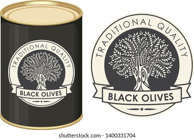 Label for black olives with olive tree and ribbon in retro style on the black background. Vector illustration of label and tin can with this label.