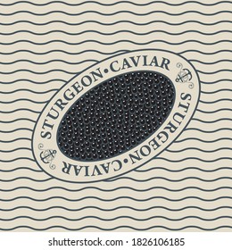 Label for black sturgeon caviar in an oval frame on the background with waves in retro style. Vector design element for seafood menu, advertising banner, wrapping paper.