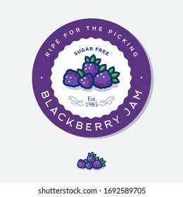 Label for blackberry jam. Round sticker for jar with berries, leaves and letters in a circle. Original berries illustration.