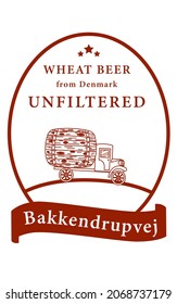 Label for a bottle of beer, a truck with a barrel in an oval sticker with text. Beer packaging label vector illustration