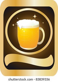 Label the bottle with a mug of foamy beer