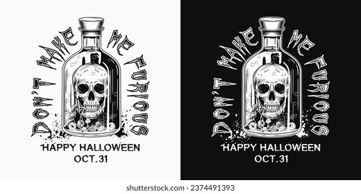 Label with bottle of poison with human skull, eyeballs, mushrooms inside. Editable text effect. Halloween creepy illustration in vintage style Not AI