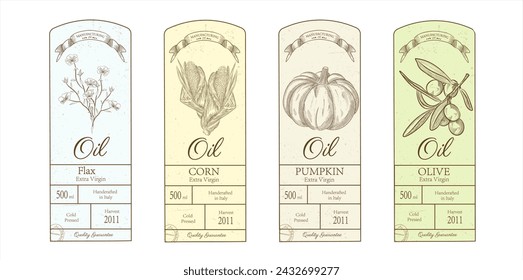 Etiqueta para una botella de aceites vegetales. Dibujado a mano, diseño de estilo vintage. Aceite de maíz, lino, oliva, calabaza. Diseño vectorial vintage minimalista con textura grunge,