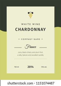 Label for a bottle of wine, glasses and a bunch of grapes. Best quality grape varieties and premium wine brand names labels emblems isolated vector illustration. White wine label Chardonnay