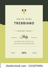 Label for a bottle of wine, glasses and a bunch of grapes. Best quality grape varieties and premium wine brand names labels emblems isolated vector illustration. White wine label Trebbiano