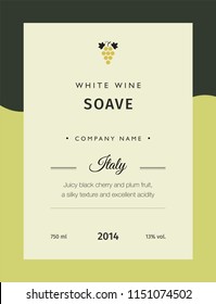 Label for a bottle of wine, glasses and a bunch of grapes. Best quality grape varieties and premium wine brand names labels emblems isolated vector illustration. White wine label Soave