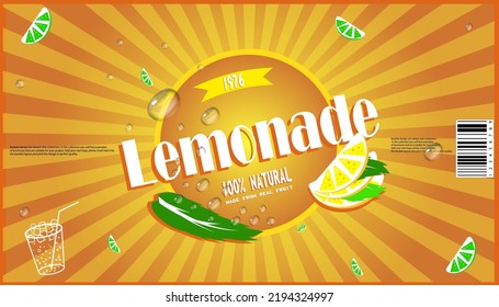 label for bottles with carbonated drinks, lemonades, in yellow and orange with lemon and orange slices. Made in a recognizable style