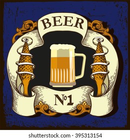 Label for brewery. Label contains images of beer arm with beer mug and text on vintage background. Vintage style.
