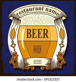 Label for brewery on dark blue background. Beer arms contains images of beer glass,ribbons and text on vintage background.Vintage style.