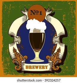 Label for brewery.Beer label contains images of coat of arms,ribbons and beer glass with dark beer on vintage background. Vintage style.