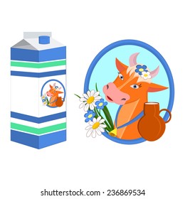 Label of brown cow with bell and flower,package of milk, illustration,vector