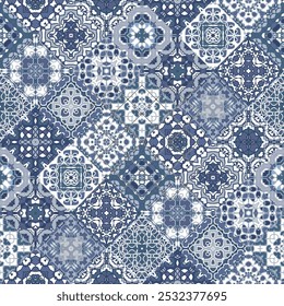 Label or business card template with azulejo mosaic tile pattern, monogram,  blue, white, yellow colors, floral motifs. Mediterranean, , Spanish traditional vintage style. Vector illustration