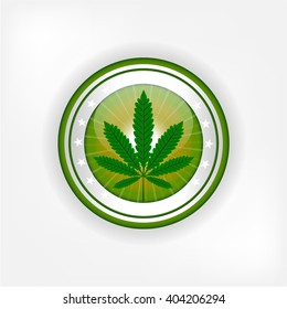 Label, button with green marijuana, hemp, cannabis leaf isolated on white background