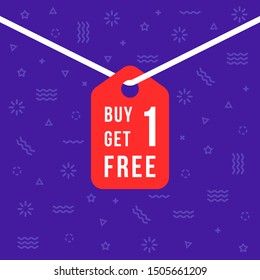 label with buy 1 get one free text. flat cartoon trendy modern graphic voucher template art design simple element. concept of save off your money or very good deal and electronic sale