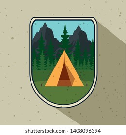 label of camp with pines trees and mountains