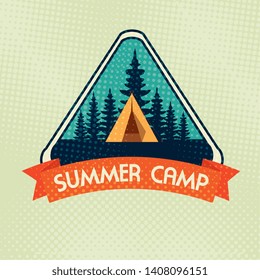 label of camp with pines trees and ribbon