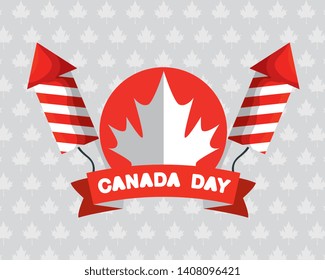 label of canada leaf with fireworks and ribbon decoration