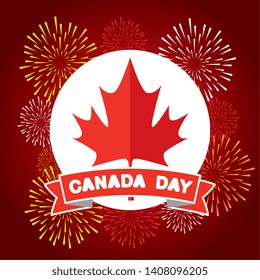label with canada leaf with ribbon and fireworks