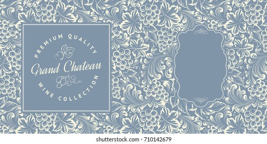 Label card template. Lavel with custom sign and square frame for personal text with grape bunch on the blue background. Vector illustration.