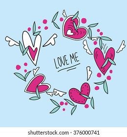 Label card with template text and heart pattern on background. Vector illustration