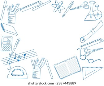Label with centered copyspace and border of school supplies; contour of objects related to school arranged on border;