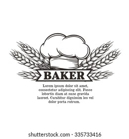 label chef with toque and spikelets of wheat for restaurant, cafe and menu design