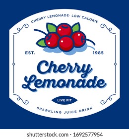 Label for cherry drink with juice. Beautiful sticker for packaging with berries and leaves. 