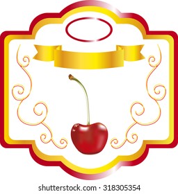 Label cherry, packing for juice, cherry with drops, an emblem for cooking, a label for fruit jam, sweet cherry on a label, a label for cherry cookery, a cherry illustration, a design element,
