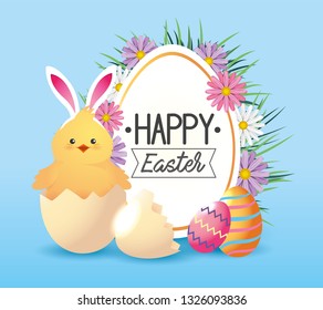 label and chick wearing rabbit ears inside broken eggs