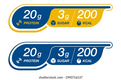 Label for chocolate bar or energy drink - value of Protein, Sugar and calories. Isolated badge