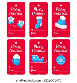 Label for Christmas gift to hang on a present box with the name of the recipient and sender of the gift. Vector Christmas gift tags collection with winter decoration for happy holidays celebration.