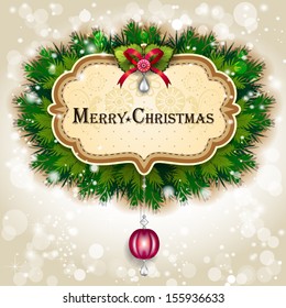 Label Christmas  with pine branches and decorations- lights of transparency and blending effects gradient mesh EPS-10