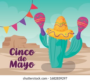 label cinco de mayo with desert cactus vector illustration design