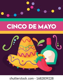 label cinco de mayo with hat and tequila vector illustration design