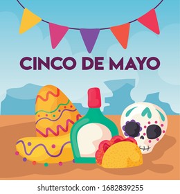 label cinco de mayo with hat and tequila vector illustration design