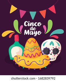 label cinco de mayo, hat with skull and tequila vector illustration design