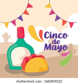 label cinco de mayo taco with tequila vector illustration design