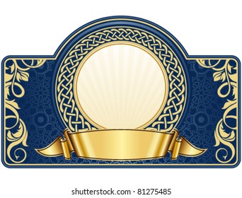 Label with circle frame and gold ribbon