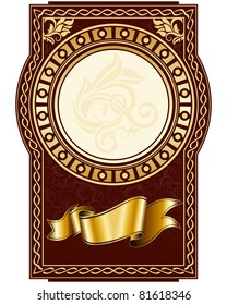 Label with circle frame and gold ribbon