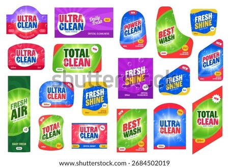 Label of cleanser, liquid soap and detergent packages. Vector set of cleaning product emblems for brands such as ultra, power and total clean, best wash, fresh shine and fresh air household production